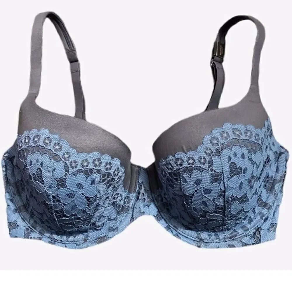 Victoria’s Secret Supersoft Body Lined Perfect coverage lace trim bra gray blue